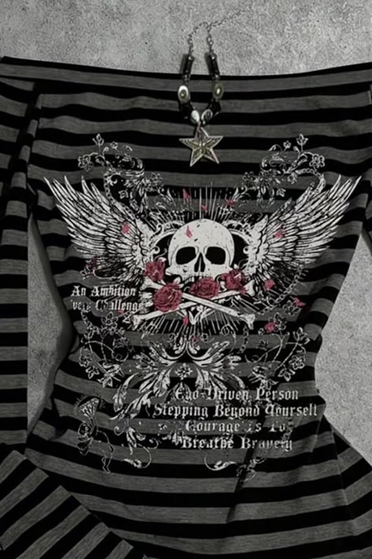 Siyah Antrasit Çizgili Gotik Skull Rose Omuz Dekolteli Y2K Uzun Kollu Crop