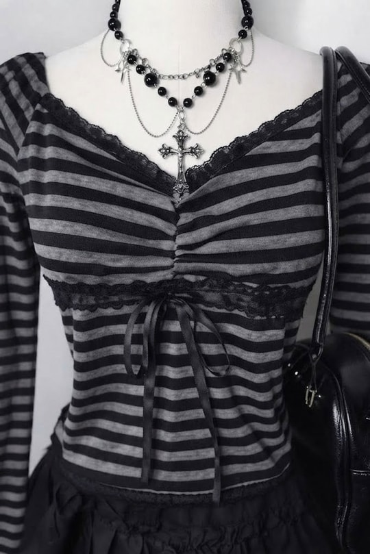 Siyah Antrasit Çizgili Grunge Fiyonklu Dantelli Y2K Uzun Kollu Crop