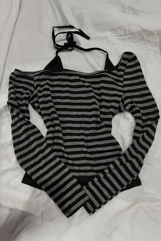 Siyah Antrasit Gotik Grunge Ek Askılı Açık Omuz Y2K Uzun Kollu Crop