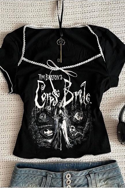 Siyah Corpse Bride Dikiş Detaylı Kurdeleli Y2K Kısa Kollu Crop