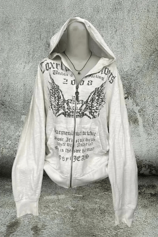 Gri Melanj Crown Wings Gotik Y2K Kapüşonlu Unsiex Hırka