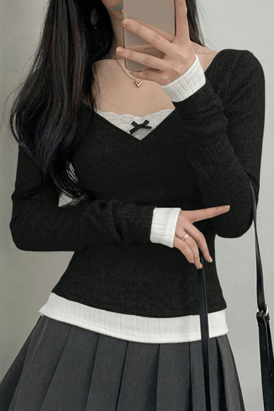 Siyah Dantelli Fiyonklu Ekli Y2K Uzun Kollu Crop 