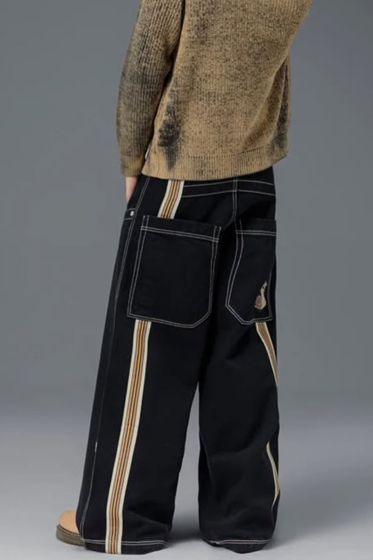 Siyah Dikiş İzli Yan Şeritli Snail Y2K Unisex Baggy Pantolon