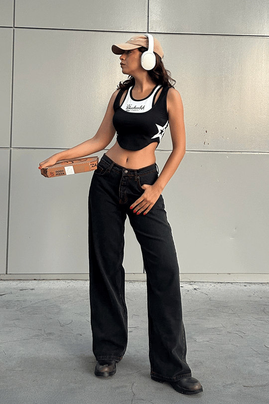 Siyah Double Fire Skull Kırmızı Dikişli Harajuku Baggy Pantolon