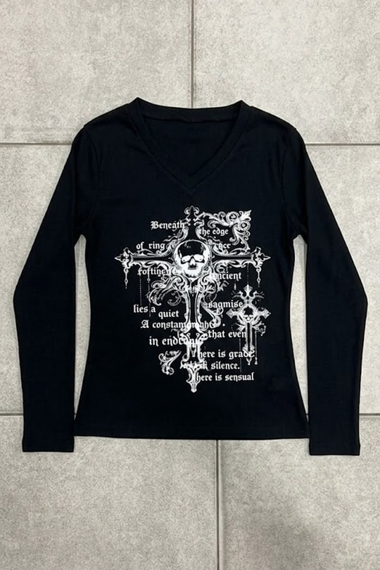 Siyah Gotik Cross Skull Y2K Uzun Kollu Crop