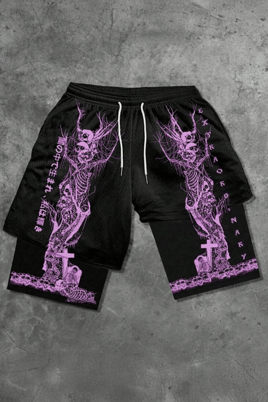 Siyah Gotik Pink Skeleton Cepli Şort