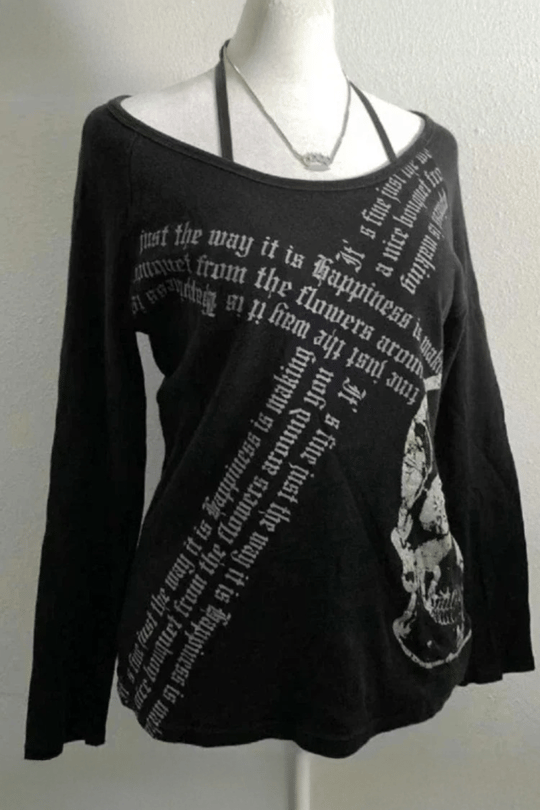 Siyah Gotik Skull Askılı Y2K Uzun Kollu Crop