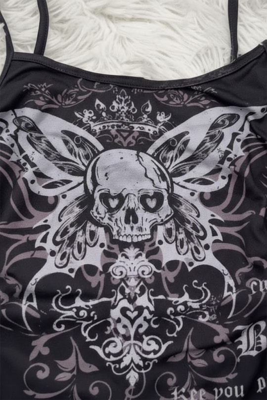 Siyah Gotik Skull Butterfly Wings Y2K Askılı Crop