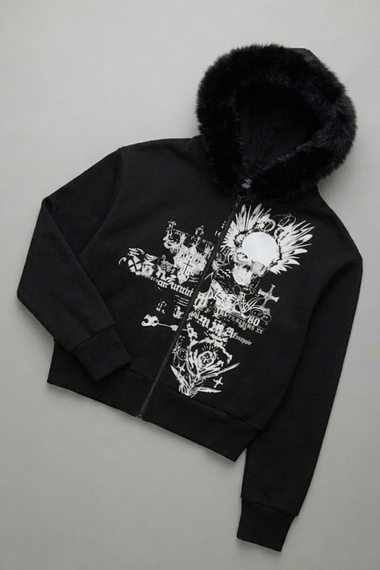 Siyah Gotik Skull Cross Kürk Detaylı Y2K Crop Hırka