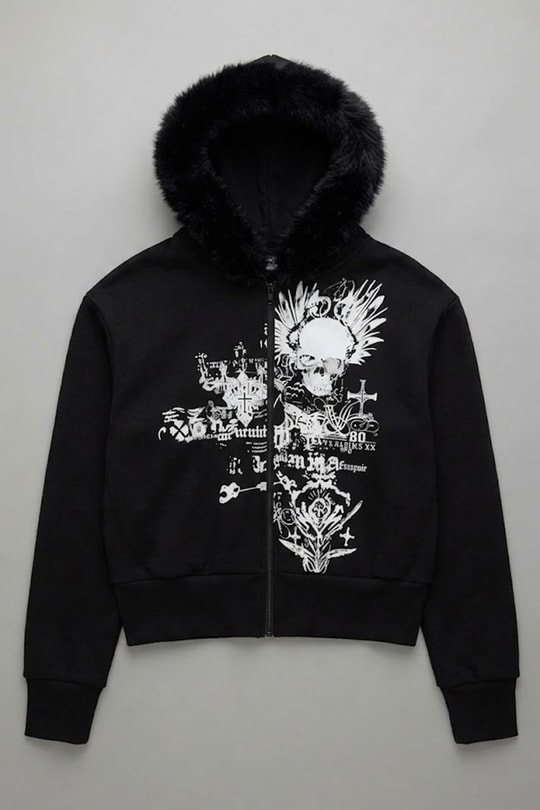 Siyah Gotik Skull Cross Kürk Detaylı Y2K Crop Hırka