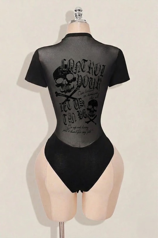 Siyah Gotik Skulls Control Transparan Kısa Kollu Çıtçıtlı Body