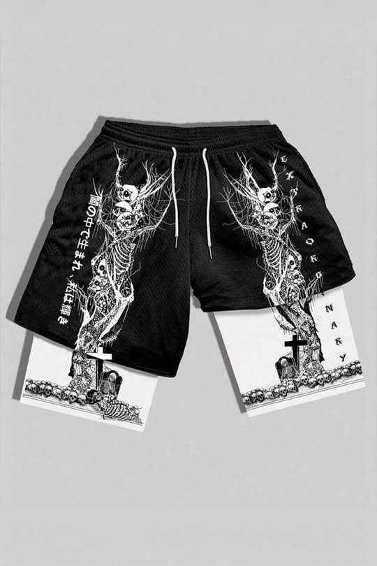 Siyah Gotik White Skeleton Cepli Şort