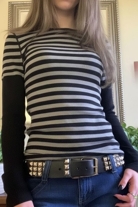 Siyah Gri Çizgili Grunge Siyah Y2K Uzun Kollu Crop