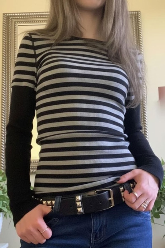 Siyah Gri Çizgili Grunge Siyah Y2K Uzun Kollu Crop