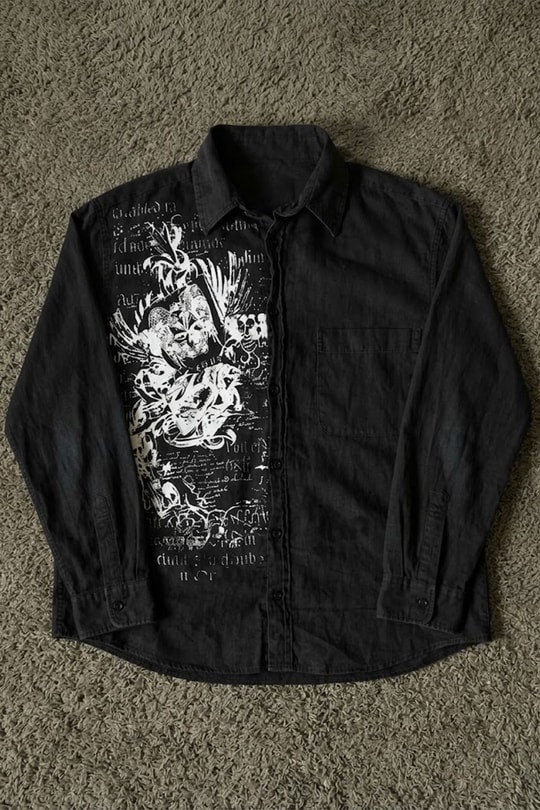 Siyah Grunge Tipografik Gotik Y2K Unisex Uzun Kollu Gömlek