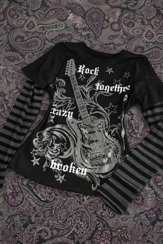 Siyah Guitar Siyah Antrasit Kollu Çizgili Y2K Unisex Sweatshirt