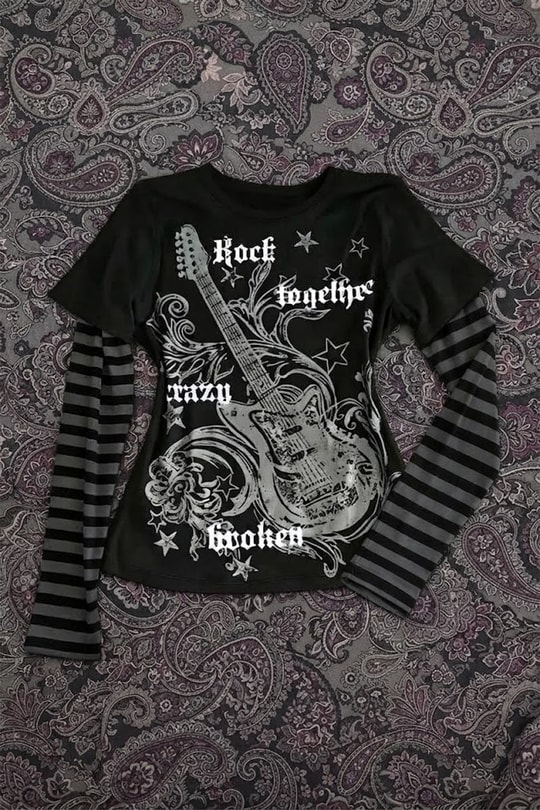 Siyah Guitar Siyah Antrasit Kollu Çizgili Y2K Unisex Sweatshirt