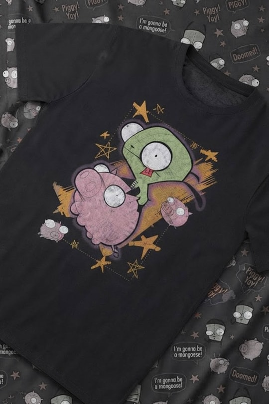 Siyah Invader Zim Gir & Piggy Y2K Unisex T-Shirt
