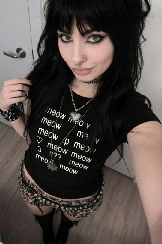 Siyah Meow Meow Meow :3 Y2K Kısa Kolu Crop