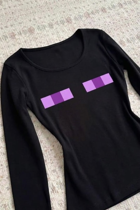 Siyah Minecraft Enderman Purple Eyes Y2K Uzun Kollu Crop