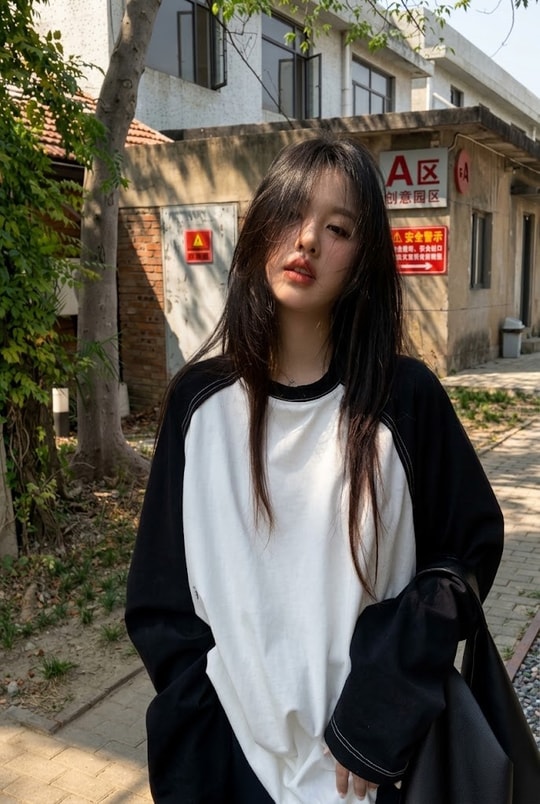 Siyah Raglan Kollu Beyaz Basic Oversize Unisex Uzun Kollu