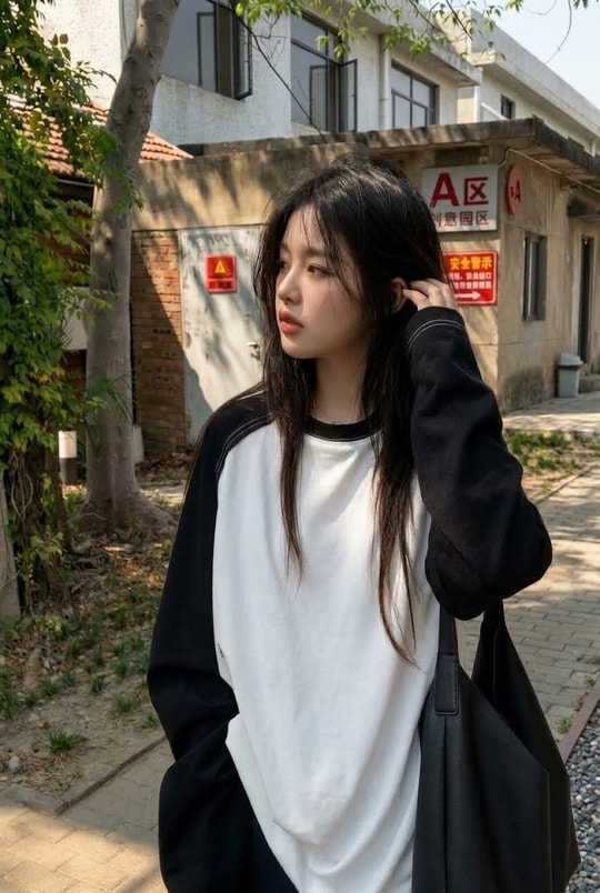 Siyah Raglan Kollu Beyaz Basic Oversize Unisex Uzun Kollu