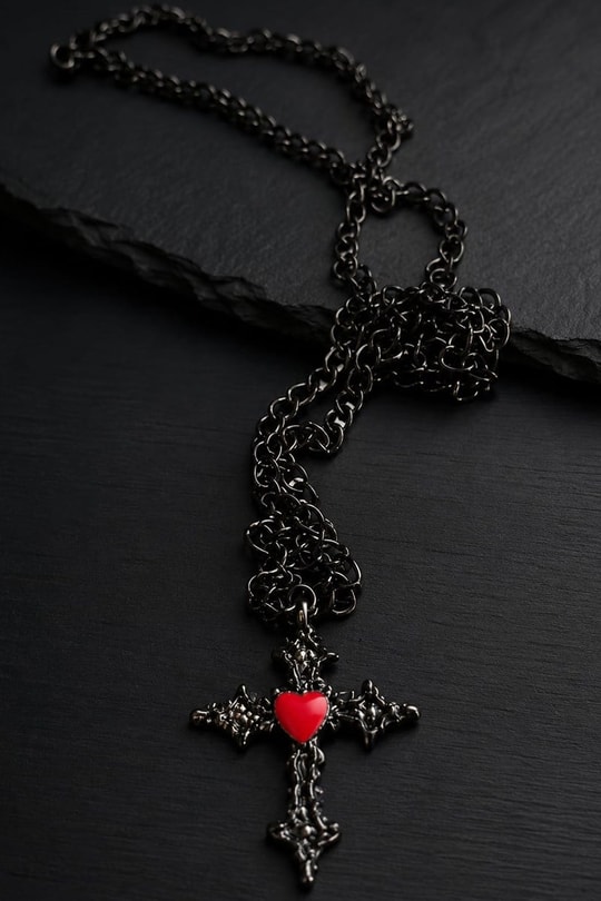 Siyah Red Heart Cross Gotik Kolye