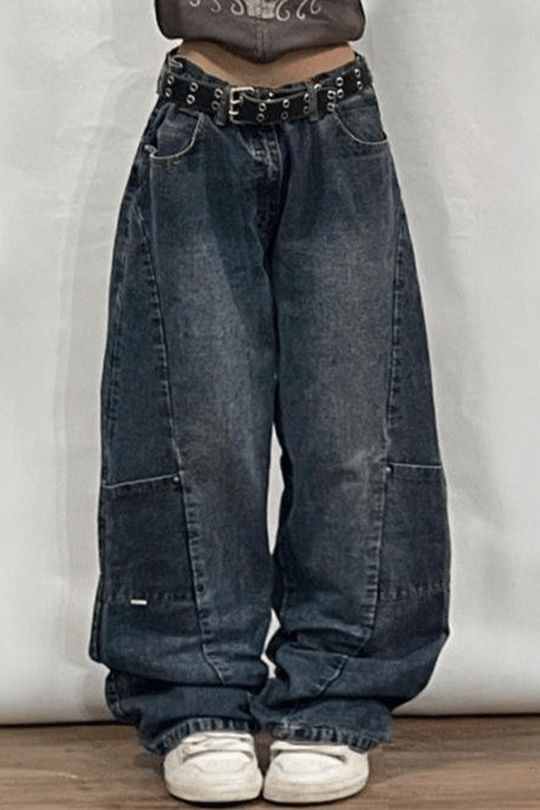 Lacivert Retro Yıkamalı Harajuku Baggy Y2K Pantolon