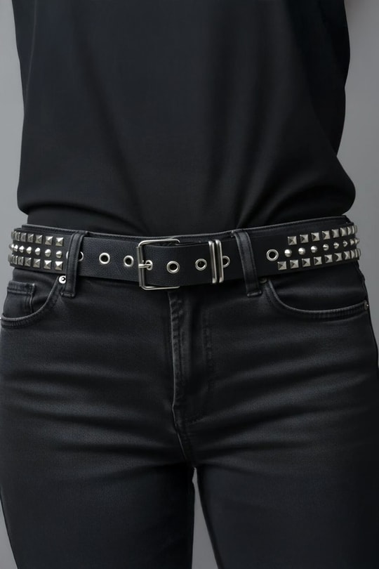 Siyah Rocker Kuşgözü Detaylı Piramit Deri Kemer