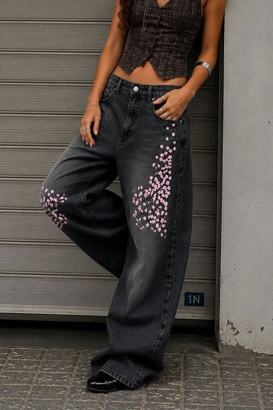 Siyah Sakura Taşlamalı Y2K Unisex Baggy Pantolon