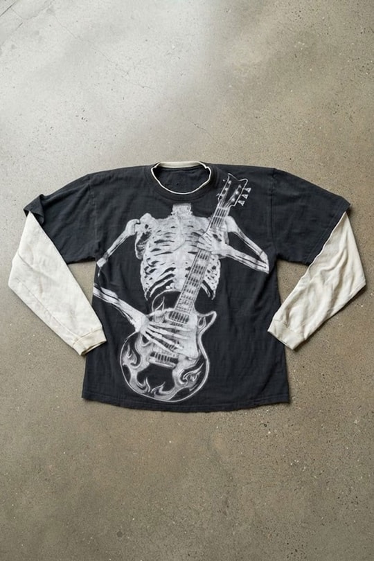 Siyah Skeleton Guitar Gotik Beyaz Kollu Y2K Uzun Kollu T-Shirt