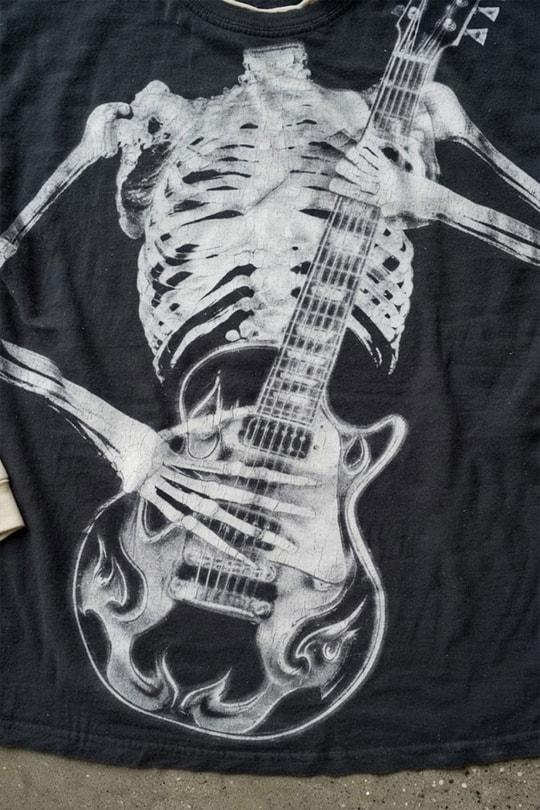 Siyah Skeleton Guitar Gotik Beyaz Kollu Y2K Uzun Kollu T-Shirt