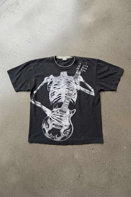 Siyah Skeleton Guitar Gotik Y2K Unisex T-Shirt