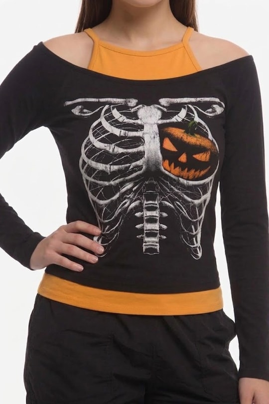 Siyah Skeleton Pumpkin Ekli Gotik Halloween Y2K Uzun Kollu Crop