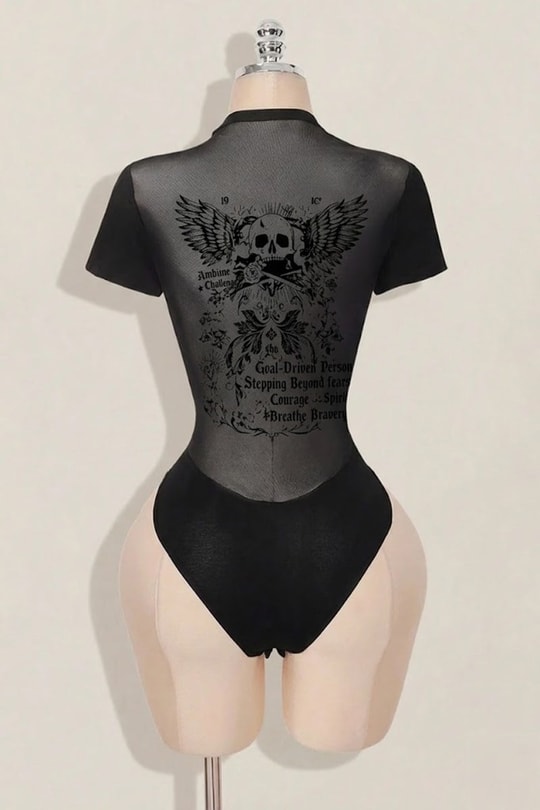 Siyah Skull Ambition Gotik Rose Transparan Kısa Kollu Çıtçıtlı Body