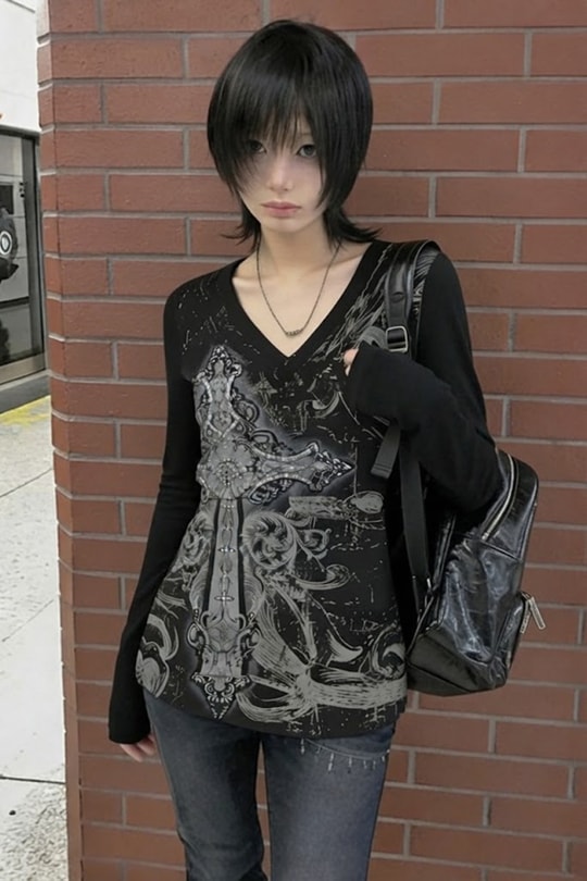 Siyah Skull Motifli Gotik Grunge Y2K Uzun Kollu Crop