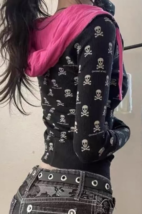 Siyah Skull Texture Pembe Detaylı Gotik Y2K Crop Hırka