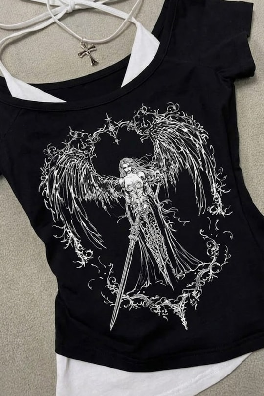 Siyah Sword Warriror Angel Madonna Yaka Ek Askılı Full Body Gotik Y2K Kısa Kollu Crop
