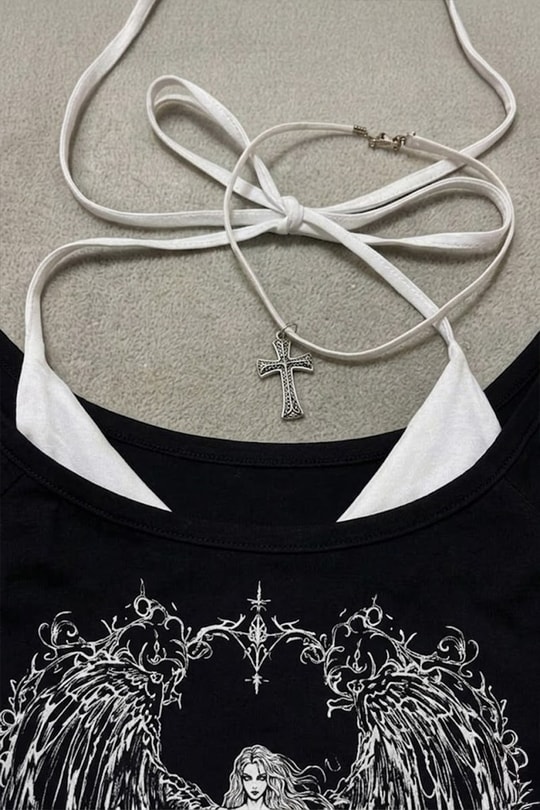 Siyah Sword Warriror Angel Madonna Yaka Ek Askılı Full Body Gotik Y2K Kısa Kollu Crop