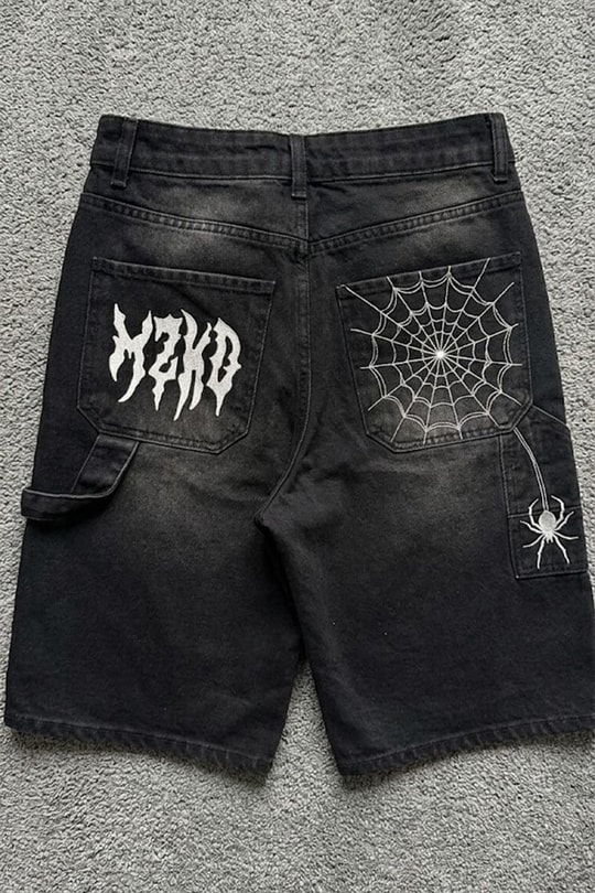 Siyah Taşlamalı Beyaz MZKD Spider Y2K Baggy Unisex Şort