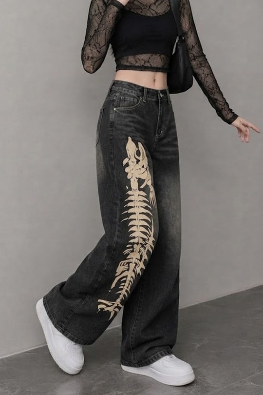 Siyah Taşlamalı Fish Skeleton Gotik Y2K Unisex Baggy Pantolon