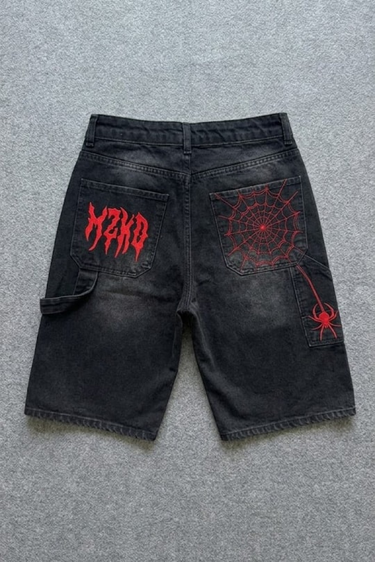 Siyah Taşlamalı kırmızı MZKD Spider Y2K Baggy Unisex Şort