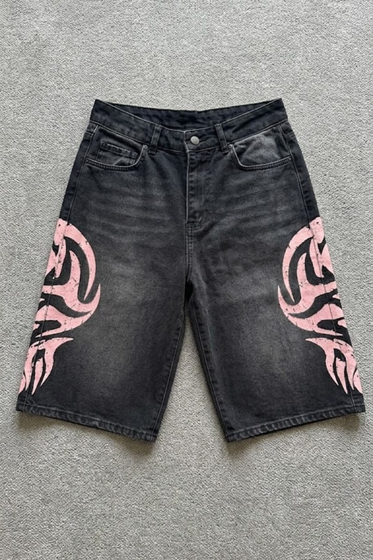 Siyah Taşlamalı Pembe Tribal Baskılı Y2K Unisex Baggy Şort