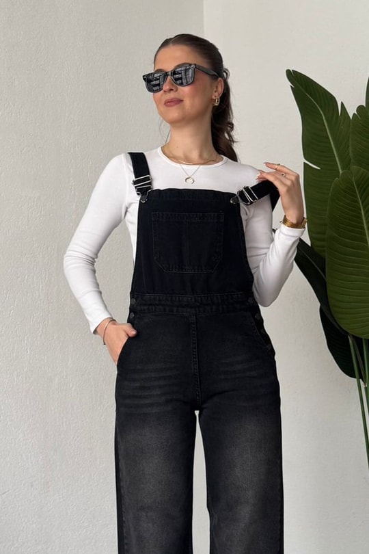 Siyah Taşlamalı Salopet Y2K Kot Tulum