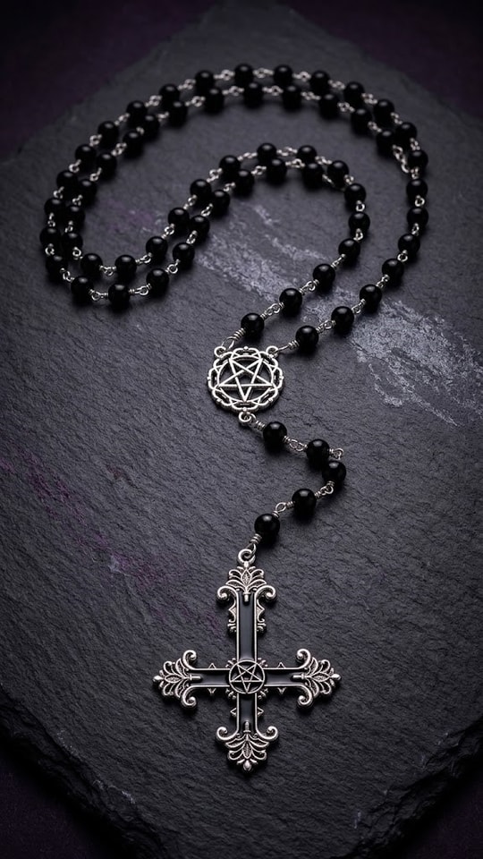 Siyah Taşlı Gotik Pentagam Cross Kolye