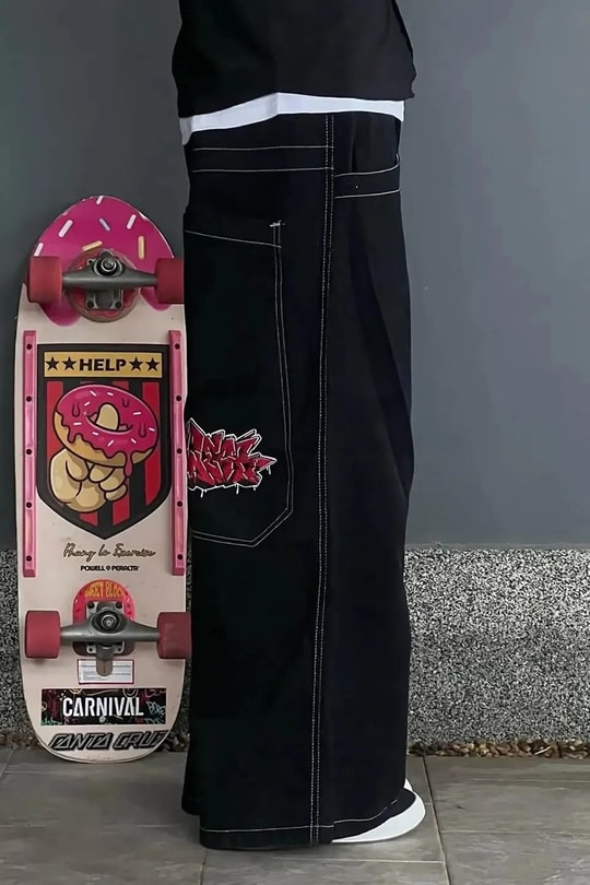 Siyah Ters Dikiş Skater Streetwear Y2K Unisex Baggy Pantolon