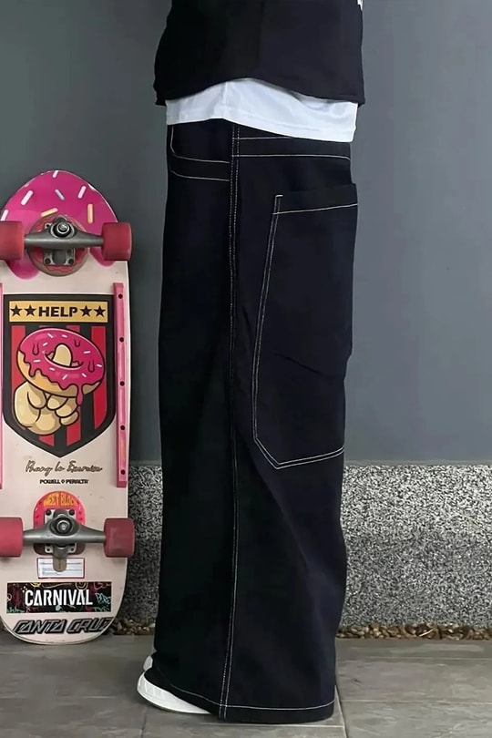 Siyah Ters Dikiş Skater Streetwear Y2K Unisex Baggy Pantolon