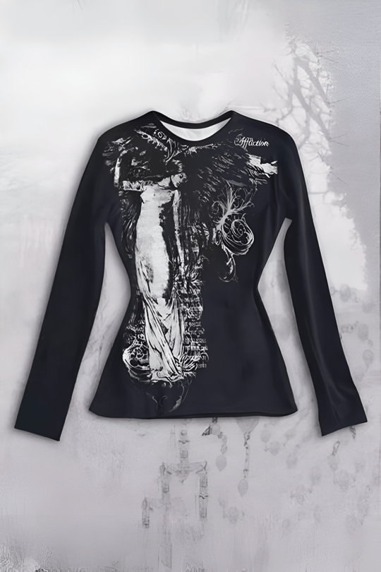 Siyah Vintage Angel Affaction Cyber Grunge Y2K Uzun Kollu Crop
