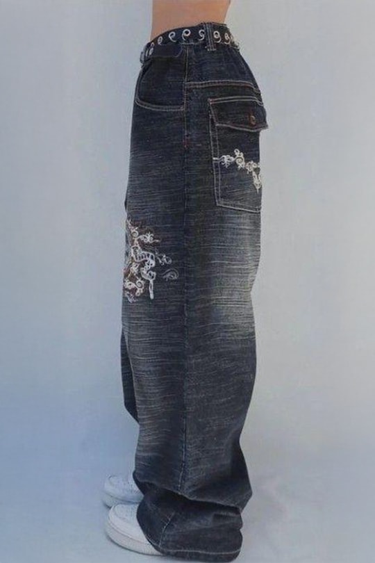 Siyah Yıkamalı P Patchli Vintage Baggy Y2K Pantolon