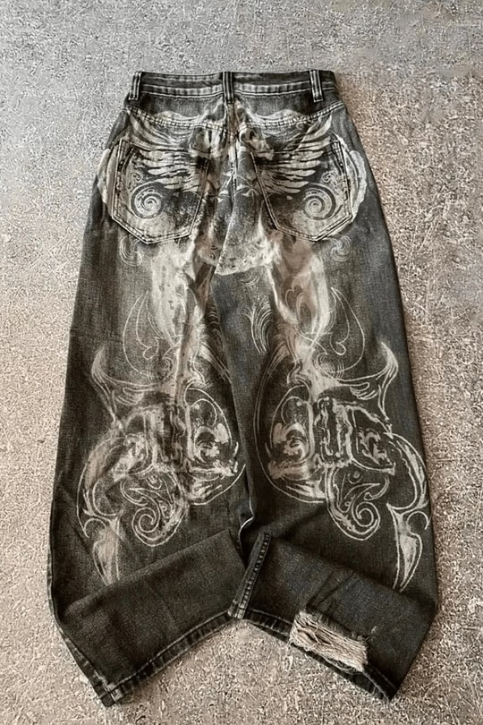 Siyah Yıkamalı Shadow Spine Yırtık Detaylı Gotik Y2K Unisex Baggy Pantolon